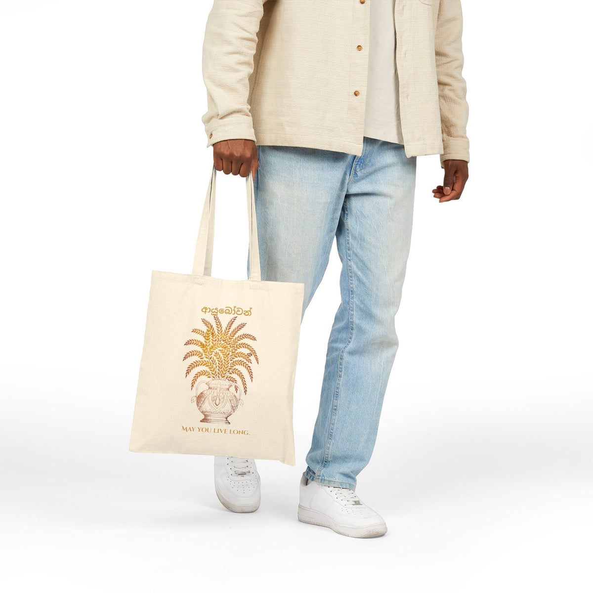 Ayubowan Canvas Tote Bag Sri Lankan Punkalasa Gold Blessing May You Live Long Cotton Shopper