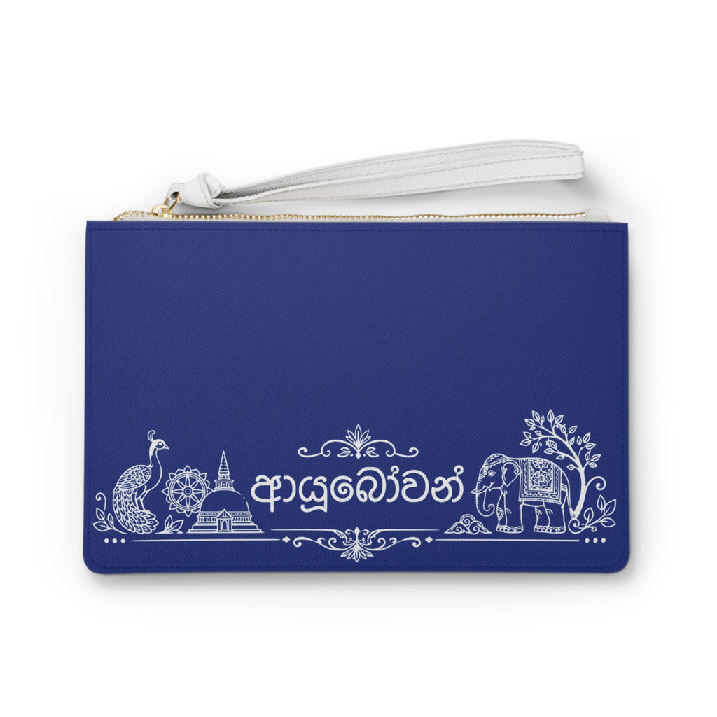 Sinhalese clutch bag | Sri Lanka script wristlet, blue zipper pouch
