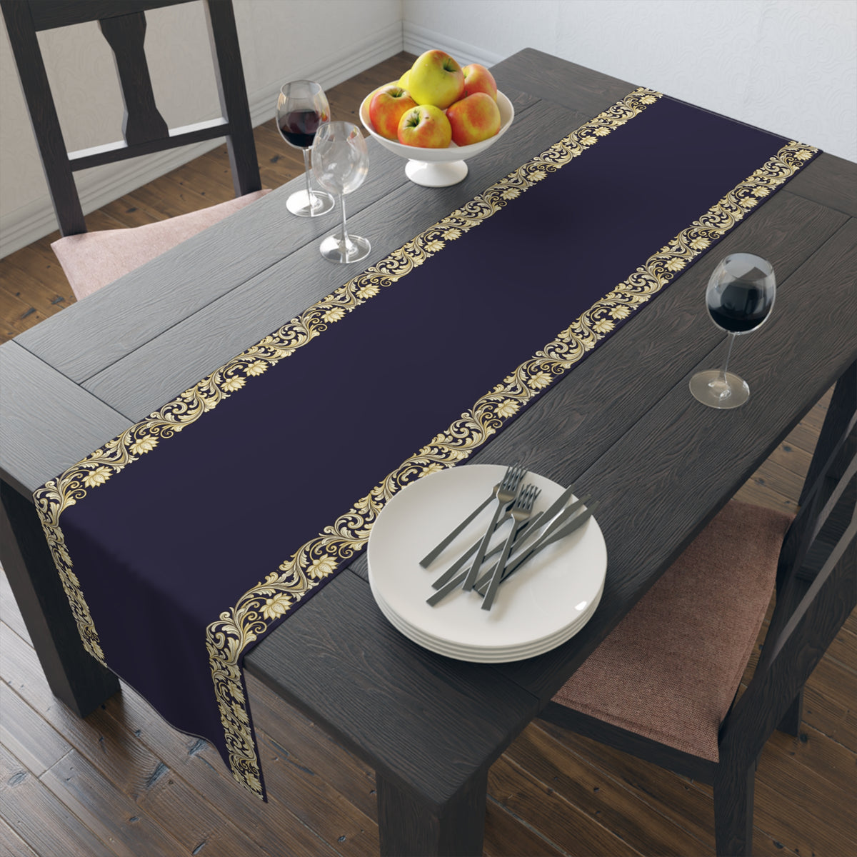Navy & Gold Baroque Table Runner | Elegant Dining Décor