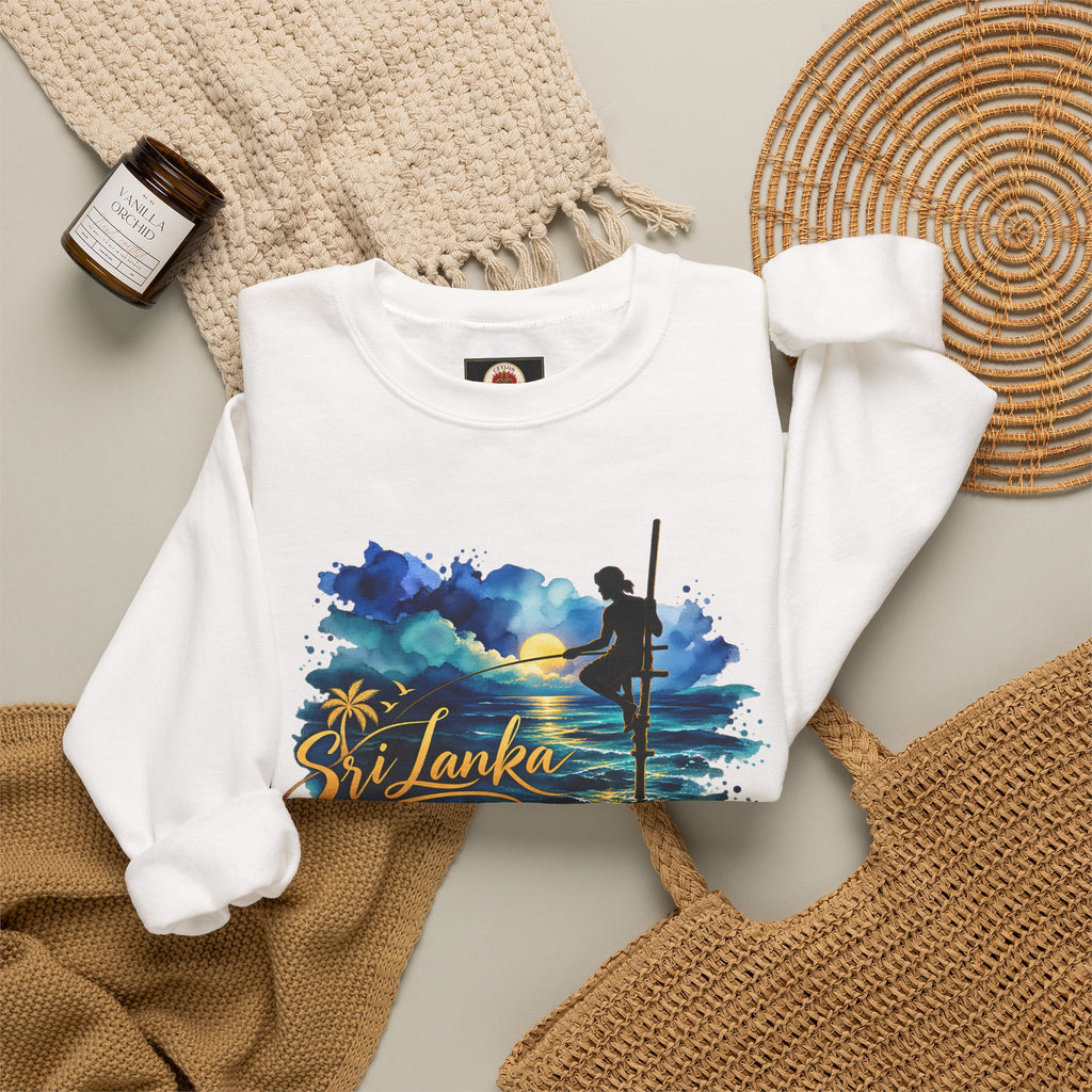 Sri Lanka Surf Crewneck Sweatshirt - Watercolor Stilt Fisherman Graphic