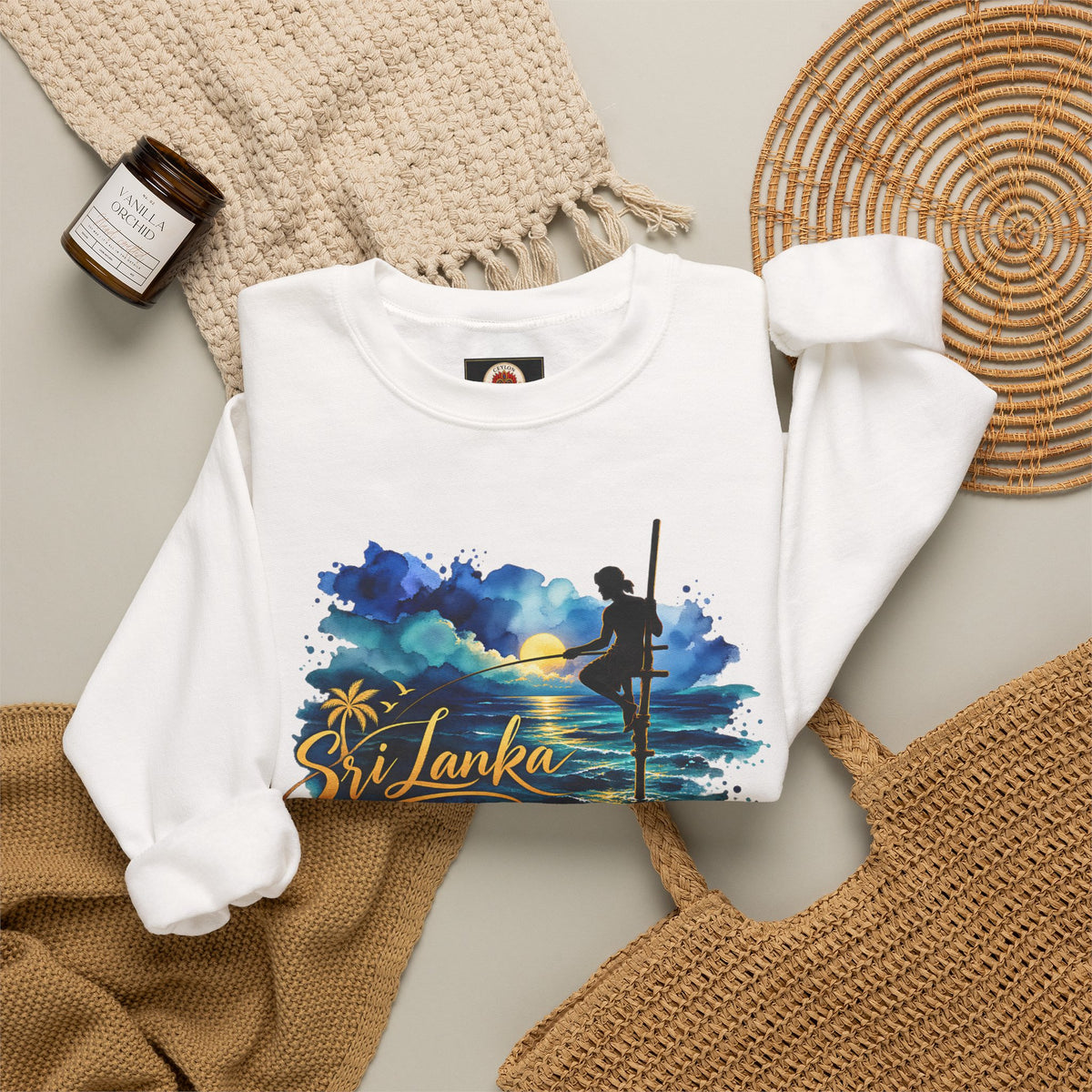 Sri Lanka Surf Crewneck Sweatshirt - Watercolor Stilt Fisherman Graphic