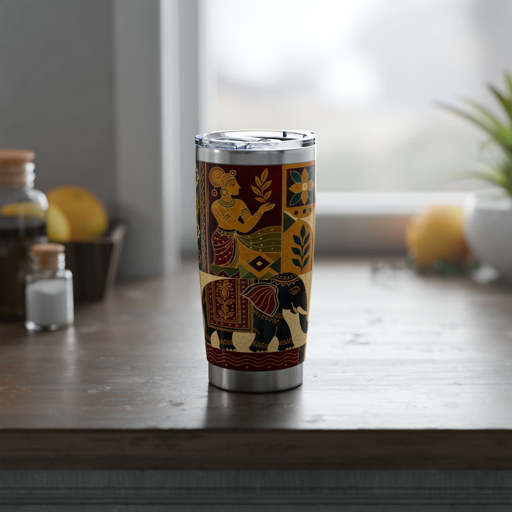Ceylon Batik Elephant Tumbler Sri Lankan Heritage Panel Design | 20oz Stainless Steel Travel Mug | Ceylon Culture Vibes