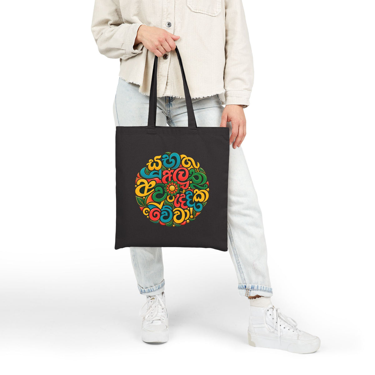 Sinhala Script Mandala Tote Bag | Canvas Carryall, Colorful Typography