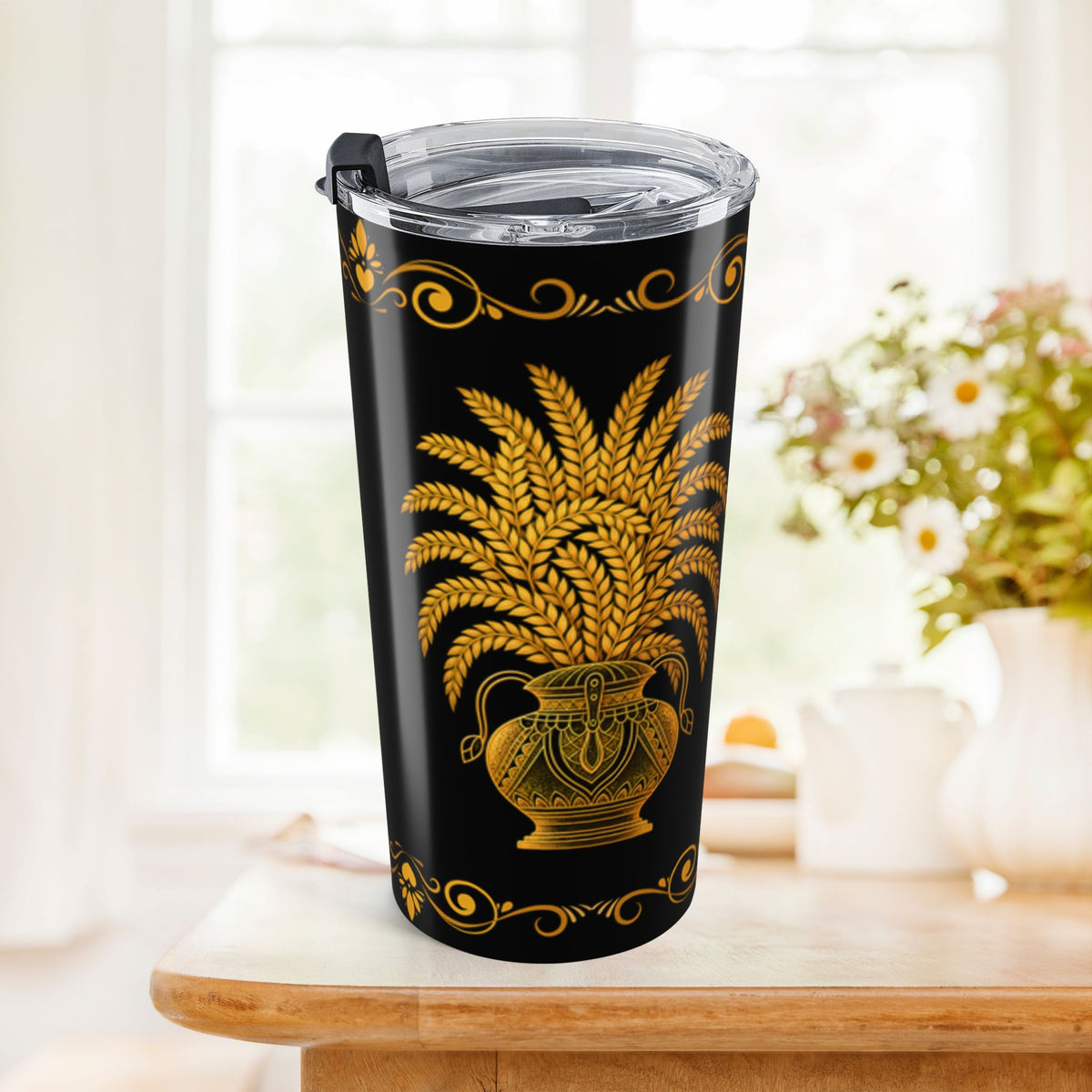 Ayubowan Punkalasa Travel Tumbler Sri Lankan Gold Blessing Black 20oz Stainless Steel Cup