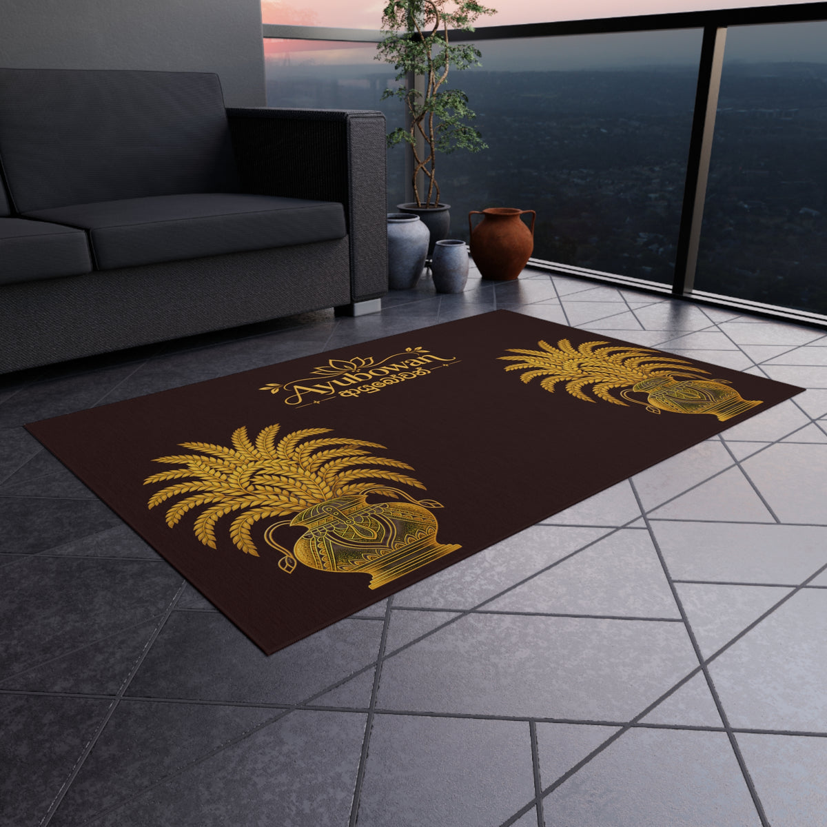 Ayubowan Welcome Rug Sri Lankan Punkalasa Ceremonial Pot Gold Heritage Floor Mat