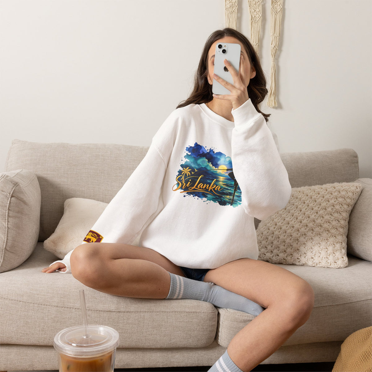 Sri Lanka Surf Crewneck Sweatshirt - Watercolor Stilt Fisherman Graphic