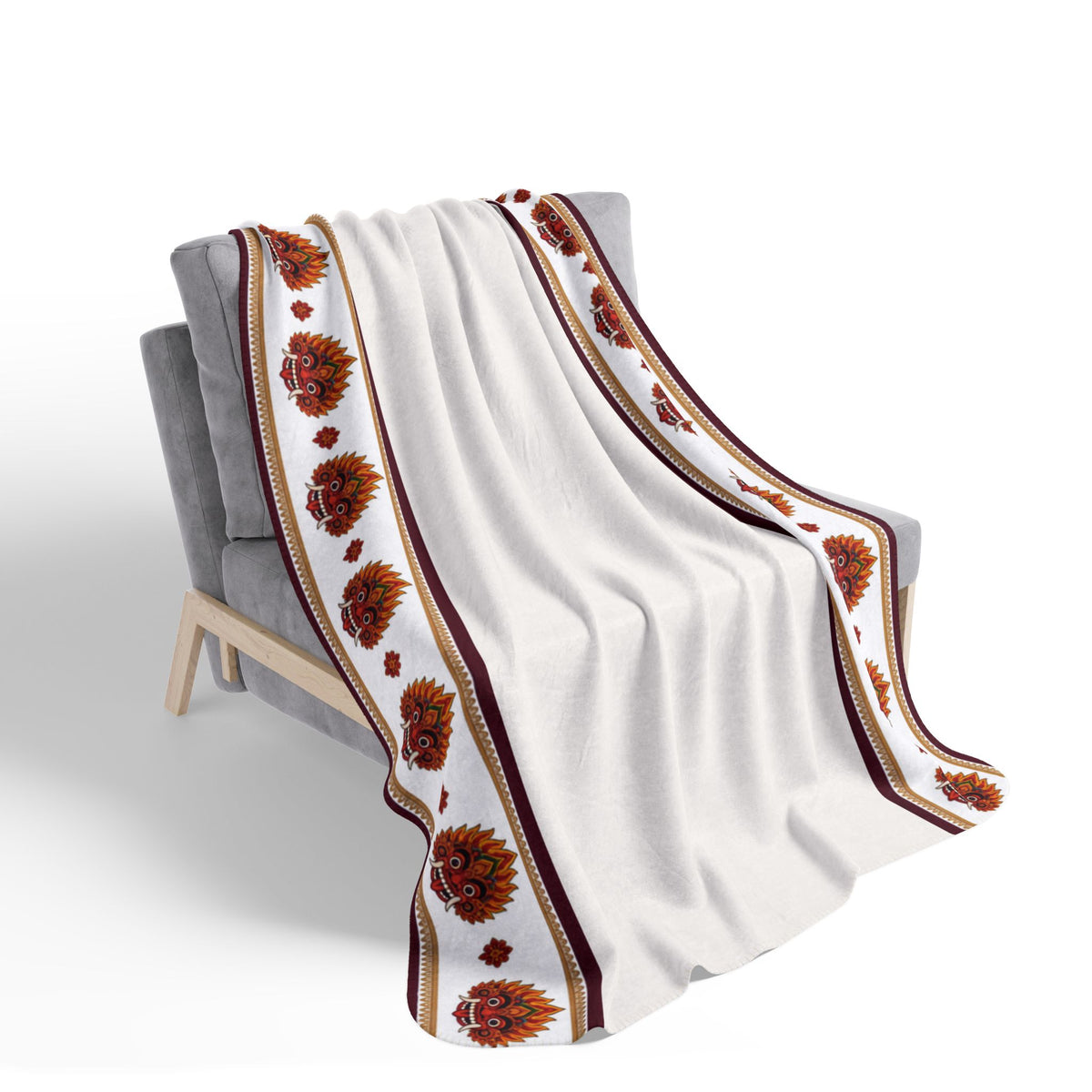 Raksha Mask Border Fleece Blanket Sri Lankan Devil Dance Sherpa Throw | Ceylon Culture Vibes