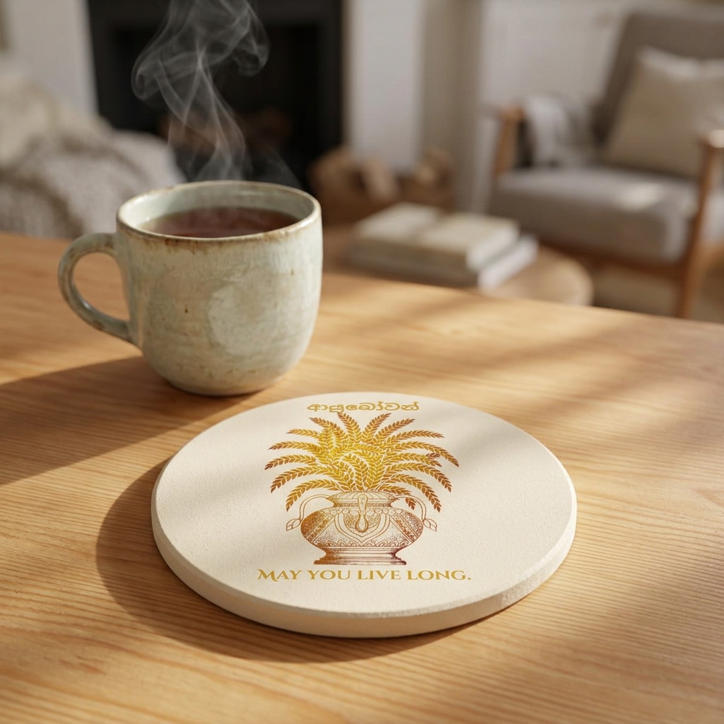 Ayubowan Punkalasa Round Ceramic Coaster Sri Lankan Gold Blessing May You Live Long Drink Coaster