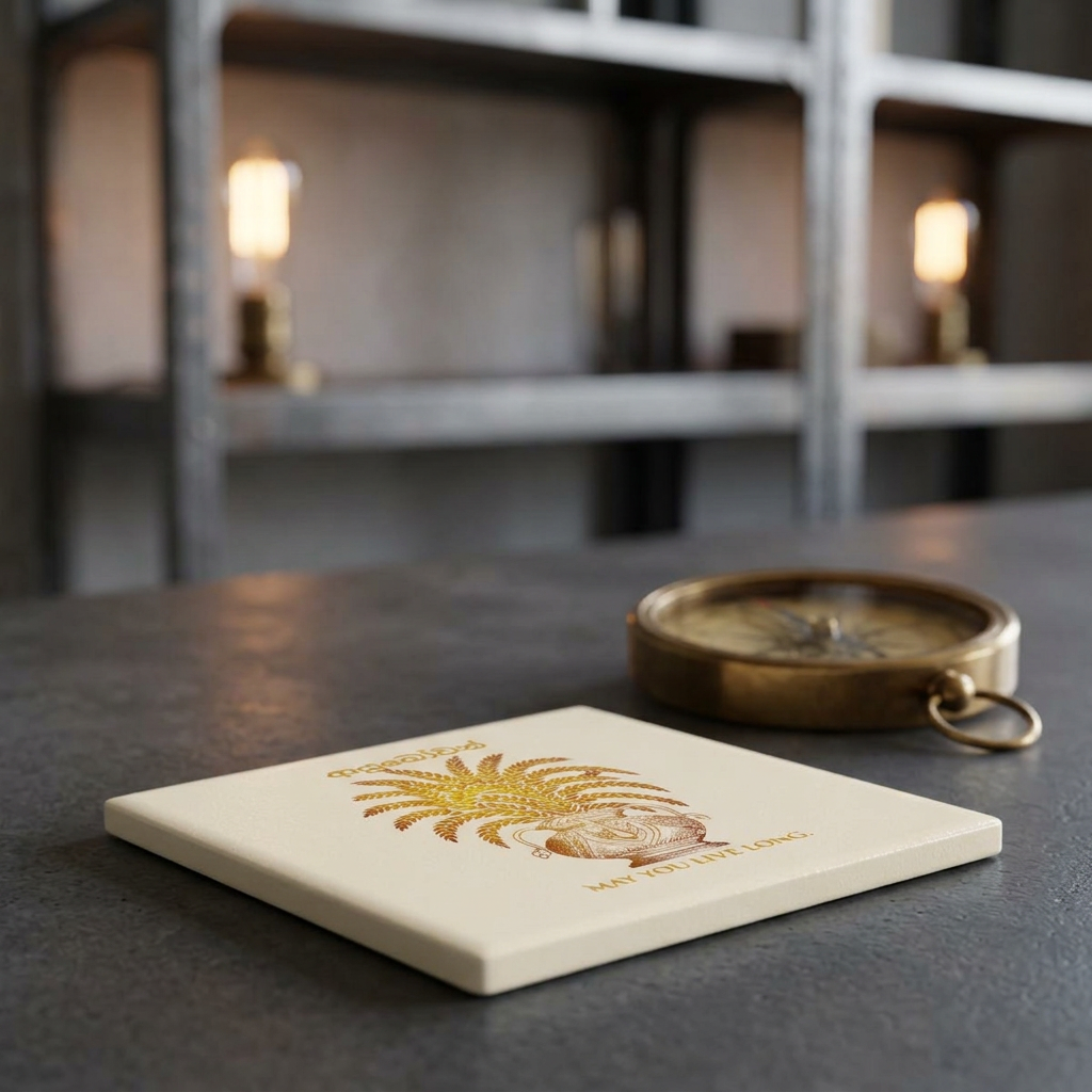 Ayubowan Punkalasa Round Ceramic Coaster Sri Lankan Gold Blessing May You Live Long Drink Coaster