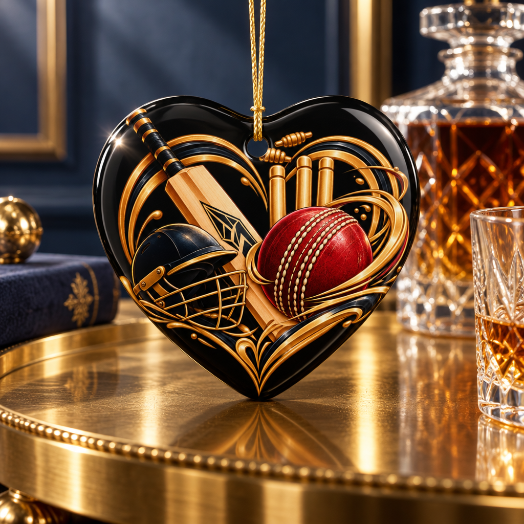 Cricket Heart Ornament  Ceramic Sports Decoration with Bat, Ball & Helmet