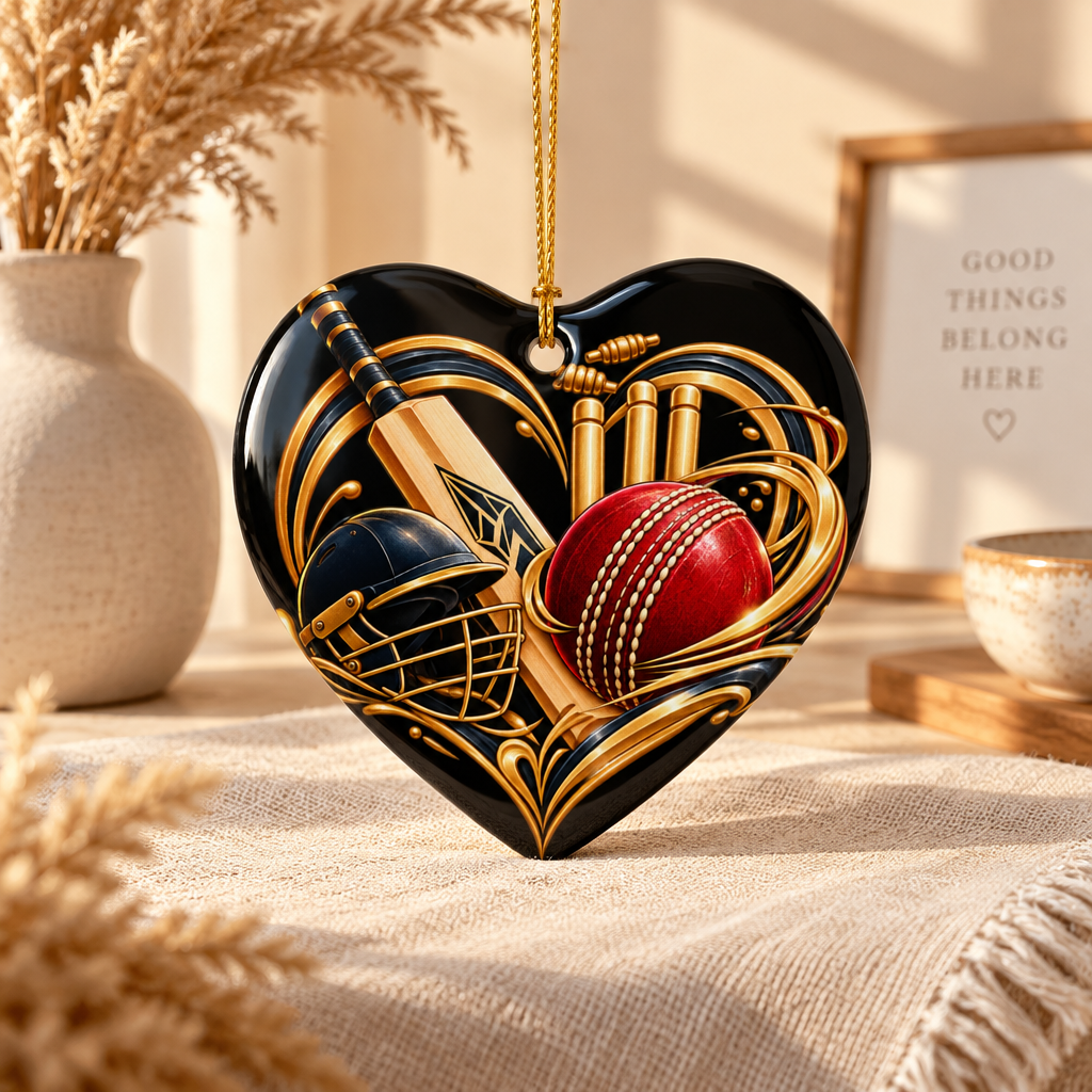 Cricket Heart Ornament  Ceramic Sports Decoration with Bat, Ball & Helmet