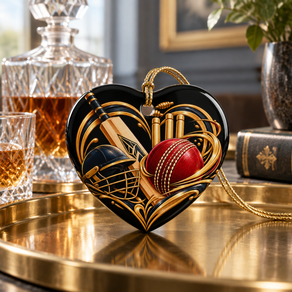 Cricket Heart Ornament  Ceramic Sports Decoration with Bat, Ball & Helmet