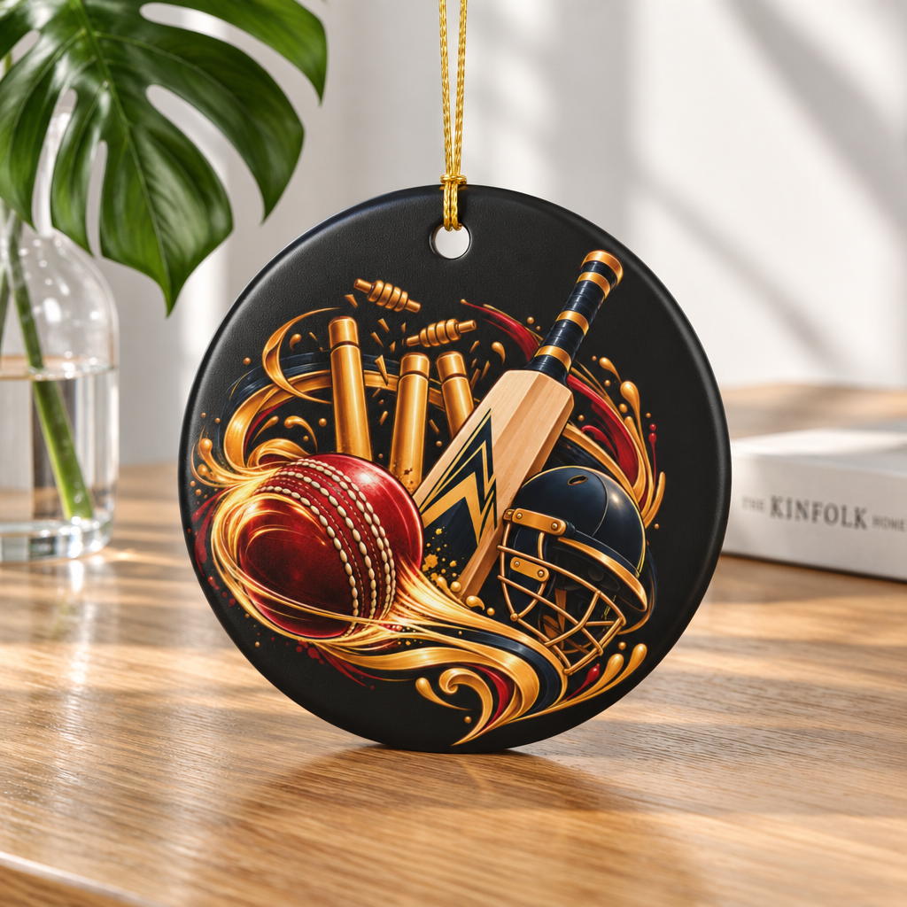 Cricket Heart Ornament  Ceramic Sports Decoration with Bat, Ball & Helmet