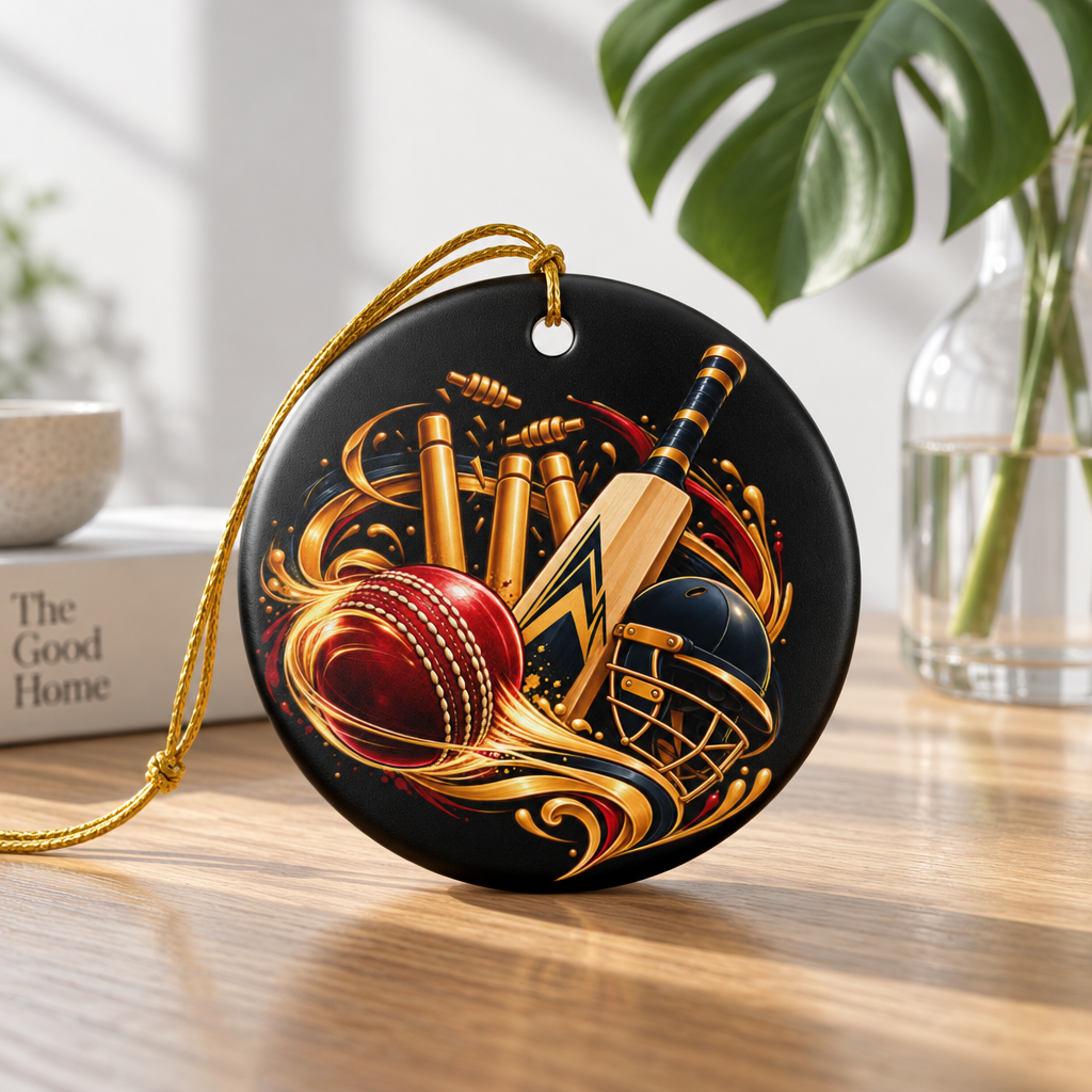 Cricket Heart Ornament  Ceramic Sports Decoration with Bat, Ball & Helmet