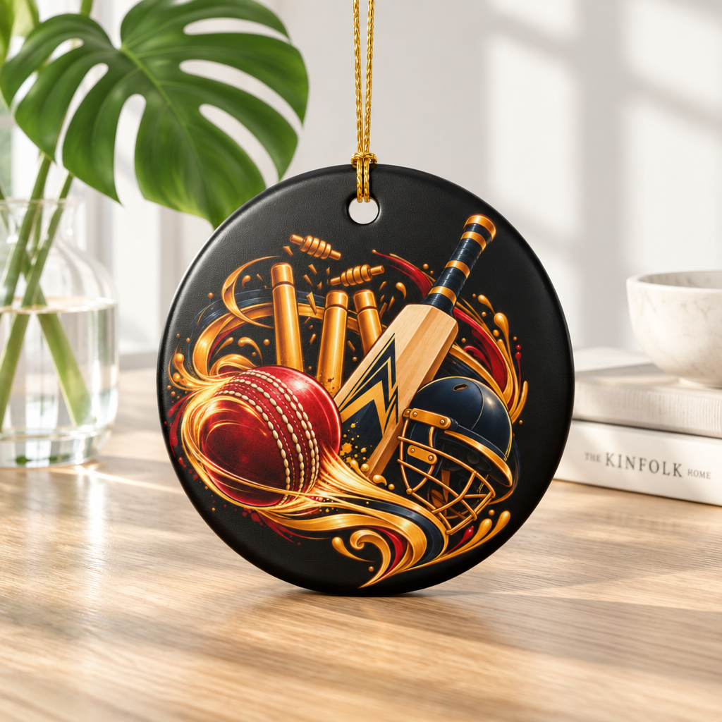 Cricket Heart Ornament  Ceramic Sports Decoration with Bat, Ball & Helmet