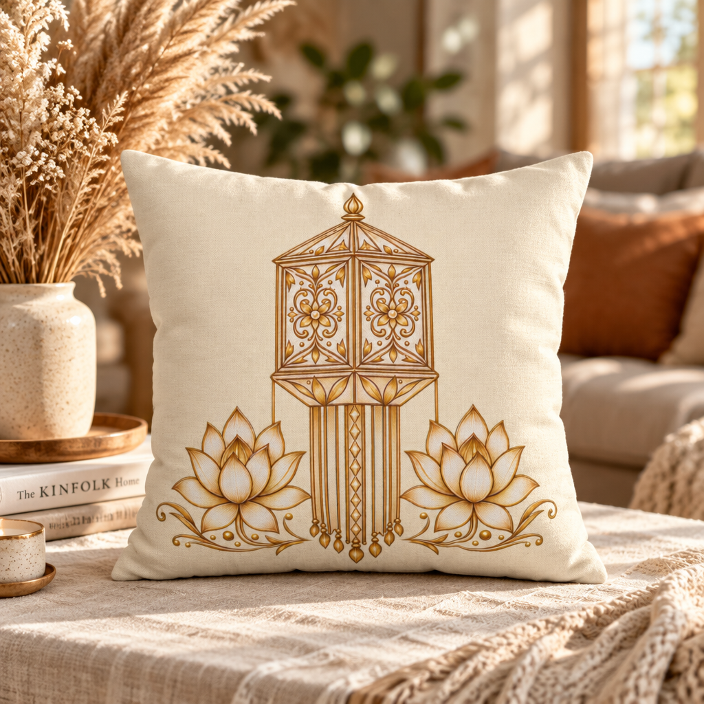 Lotus & Lantern Cushion Cover – Sri Lankan Gift Pillowcase