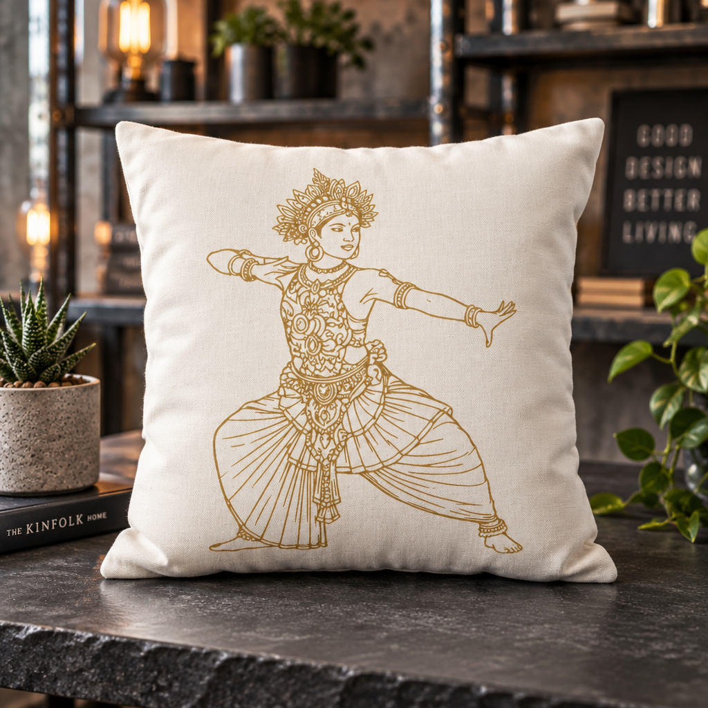 Sri Lankan Dancer Cushion Cover Gold Line Art Pillowcase