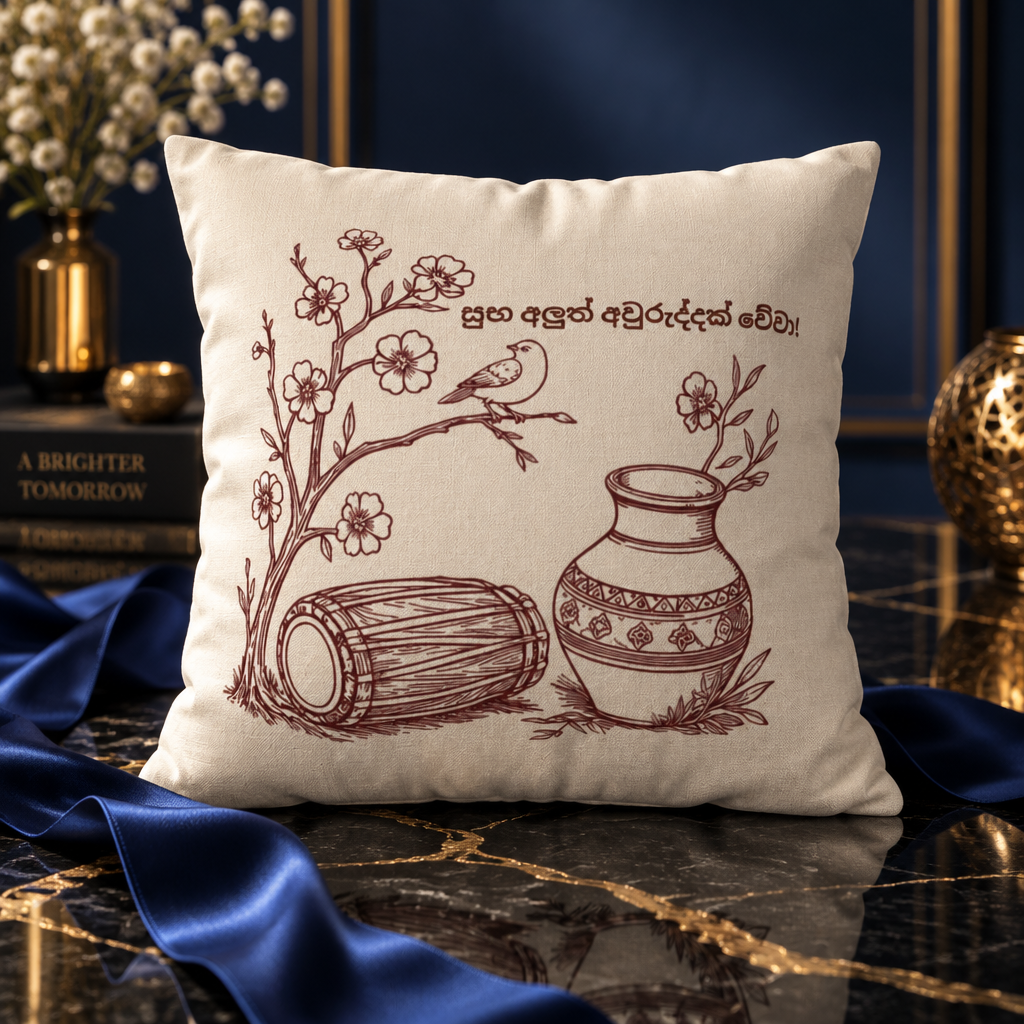 Sinhala suba aluth awuruddak weva  Text Heritage Illustration Pillowcase | Traditional Drum, Pot & Blossoms