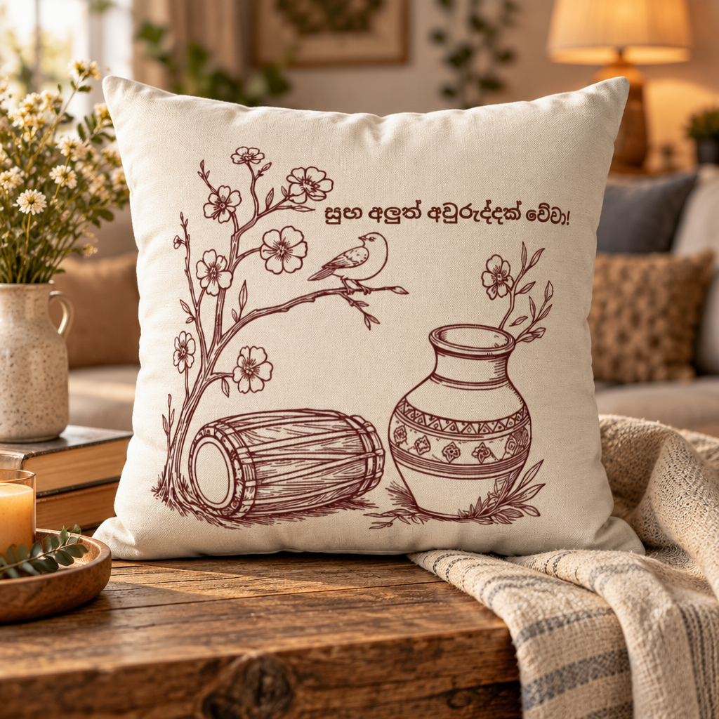 Sinhala suba aluth awuruddak weva  Text Heritage Illustration Pillowcase | Traditional Drum, Pot & Blossoms