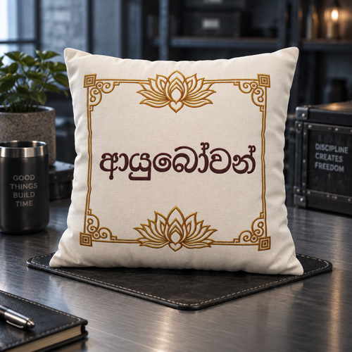 Ayubowan Lotus Cushion Cover | Sri Lankan Sinhala Art