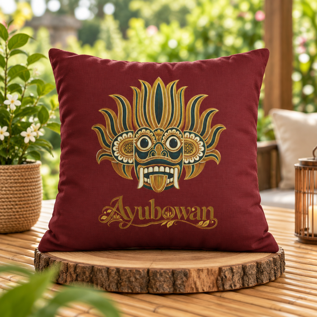 Ayubowan Mask Cushion Cover Maroon Sri Lankan Gift Pillowcase