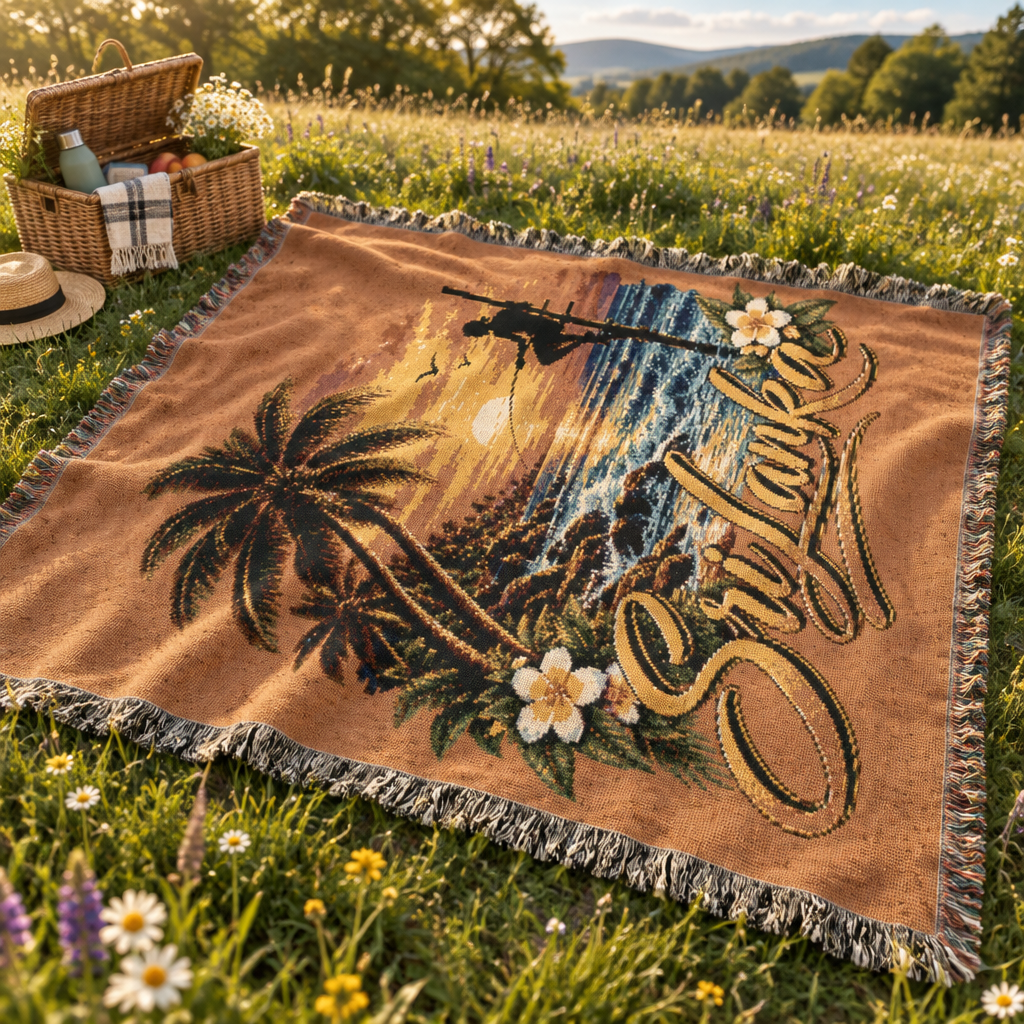 Sri Lanka Woven Cotton Blanket Stilt Fisherman Sunset