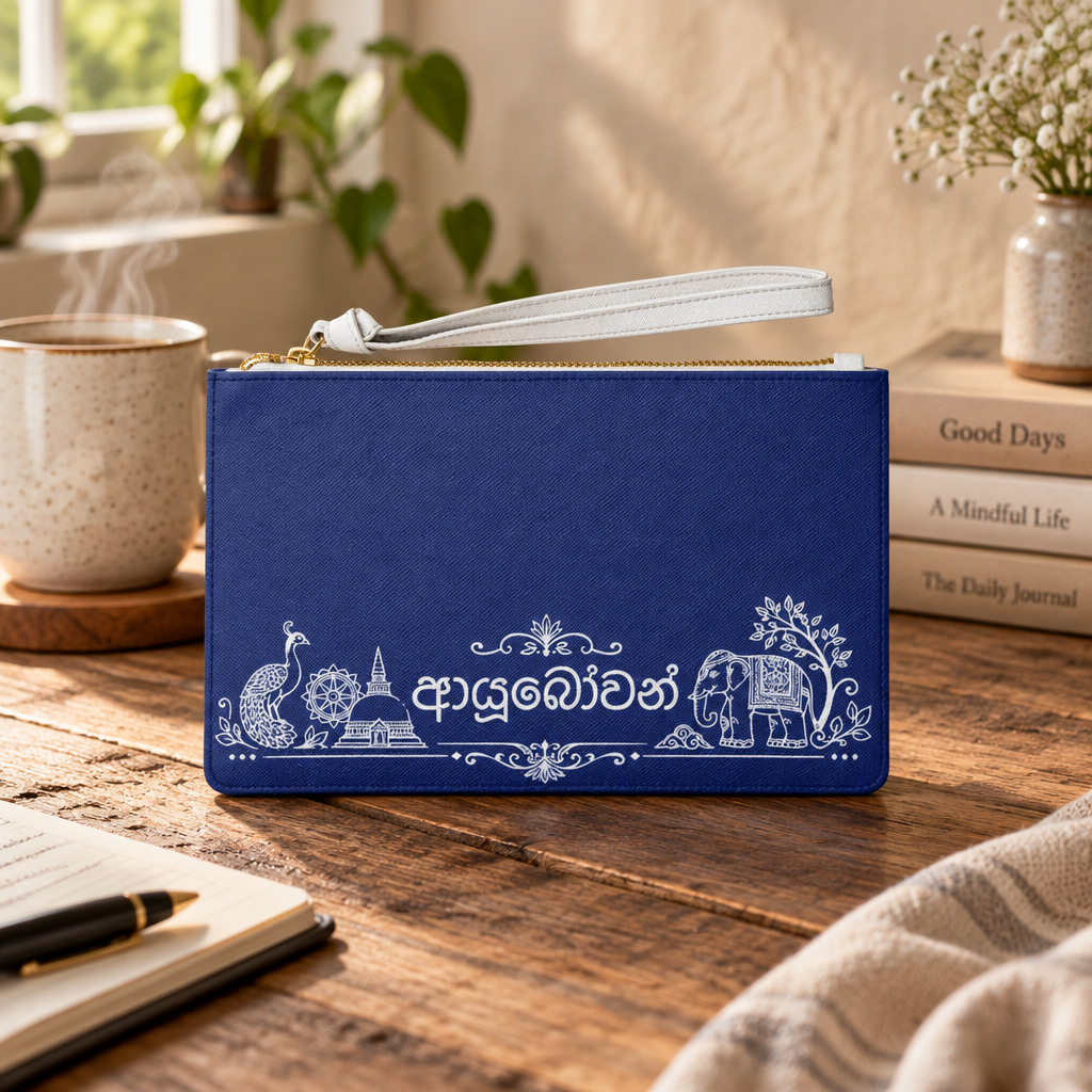 Sinhalese clutch bag | Sri Lanka script wristlet, blue zipper pouch