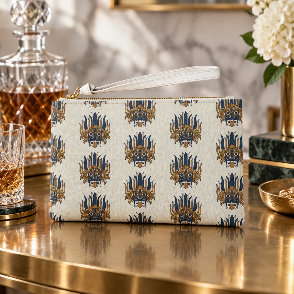 Sri Lankan Raksha Mask Clutch Bag Navy & Gold Wristlet