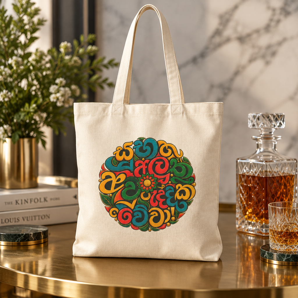 Sinhala Script Mandala Tote Bag | Canvas Carryall, Colorful Typography