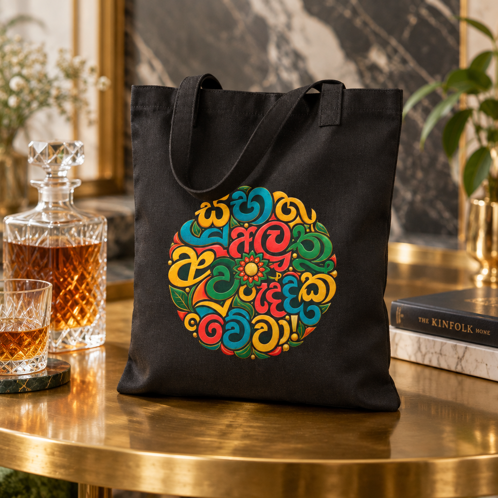 Sinhala Script Mandala Tote Bag | Canvas Carryall, Colorful Typography