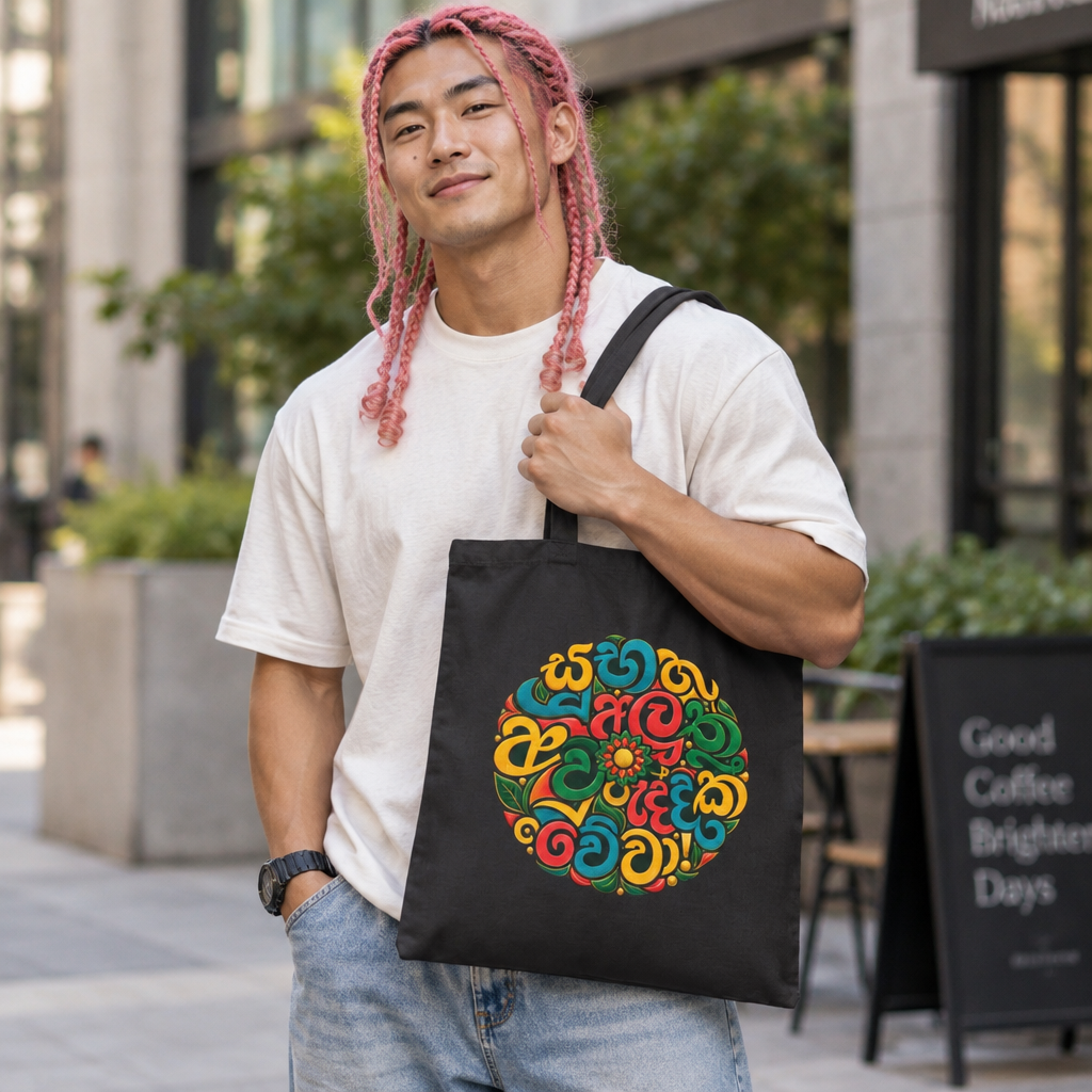 Sinhala Script Mandala Tote Bag | Canvas Carryall, Colorful Typography