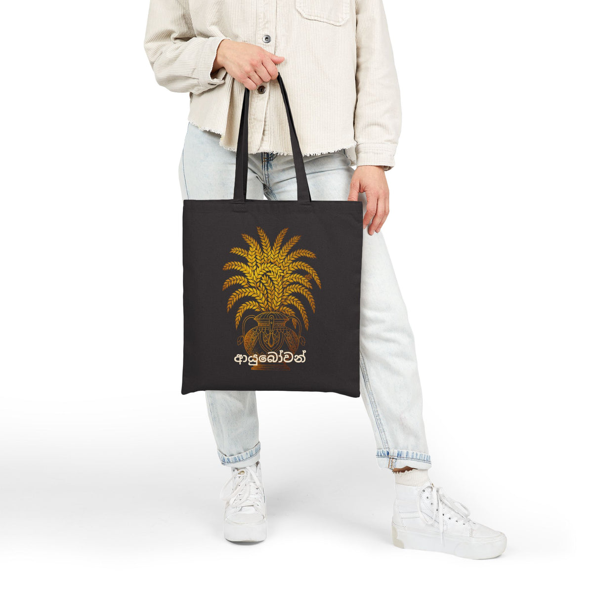 Ayubowan Canvas Tote Bag Sri Lankan Punkalasa Gold Blessing May You Live Long Cotton Shopper