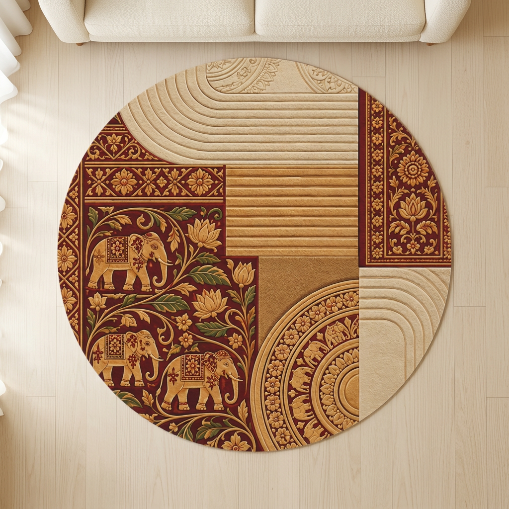 Sri Lankan Elephant & Lotus Round Rug | Heritage Gold
