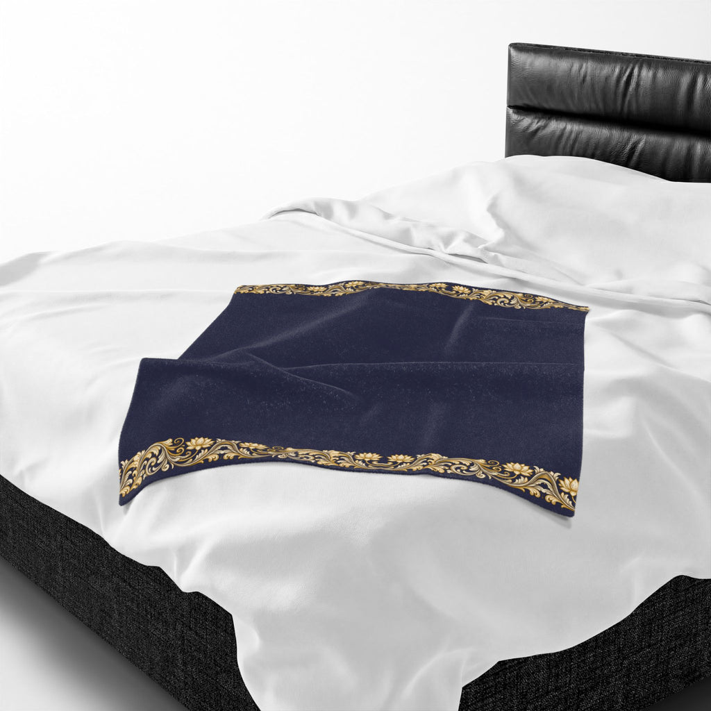 Navy & Gold Floral Border Velveteen Plush Blanket