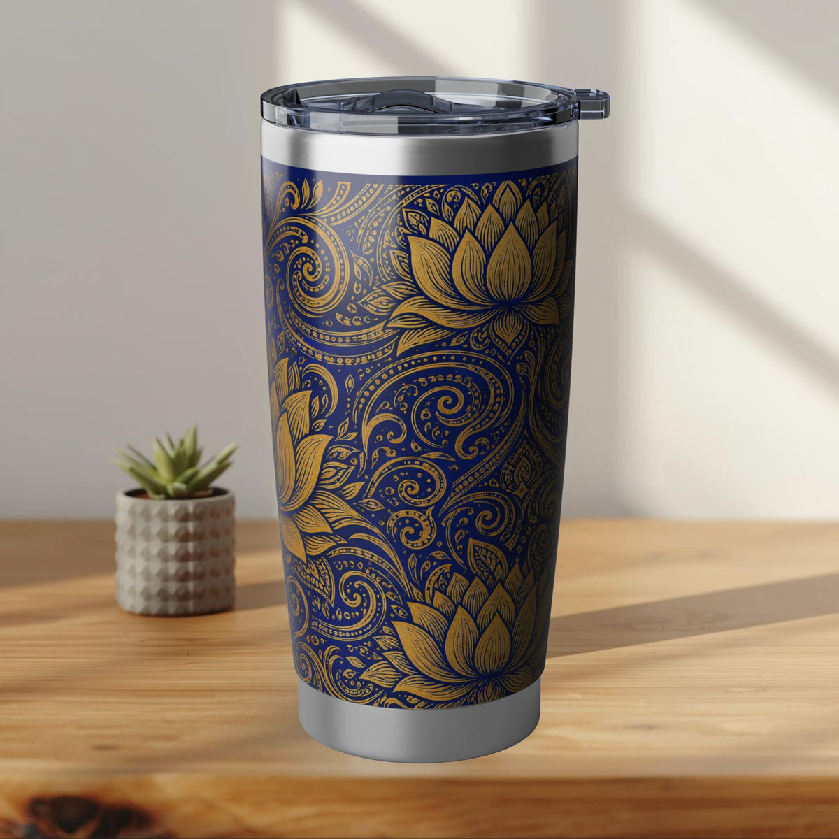 Gold Lotus Mandala Tumbler Royal Blue & Gold Sri Lankan Design | 20oz Stainless Steel Travel Cup | Ceylon Culture Vibes