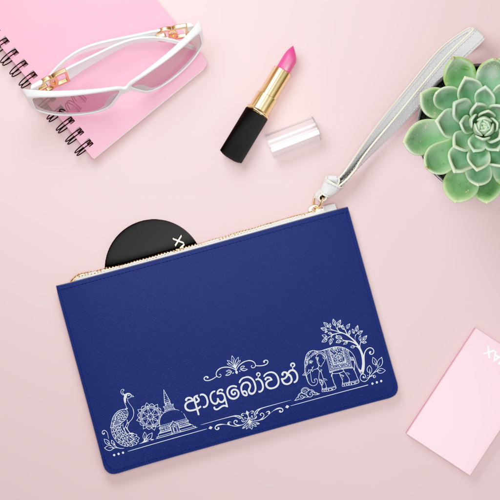 Sinhalese clutch bag | Sri Lanka script wristlet, blue zipper pouch