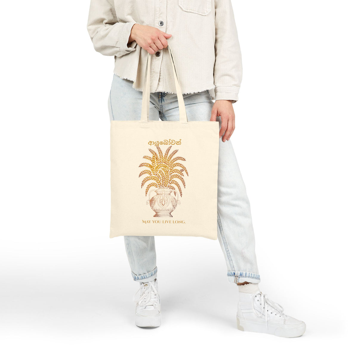 Ayubowan Canvas Tote Bag Sri Lankan Punkalasa Gold Blessing May You Live Long Cotton Shopper
