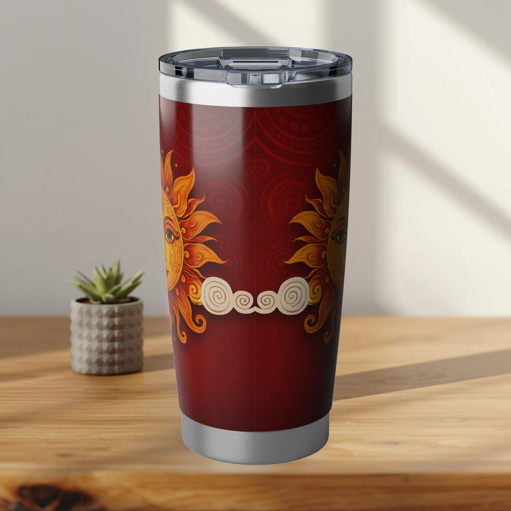 Ceylon Sun Face Tumbler Crimson & Gold Surya Design | 20oz Stainless Steel Travel Mug | Ceylon Culture Vibes