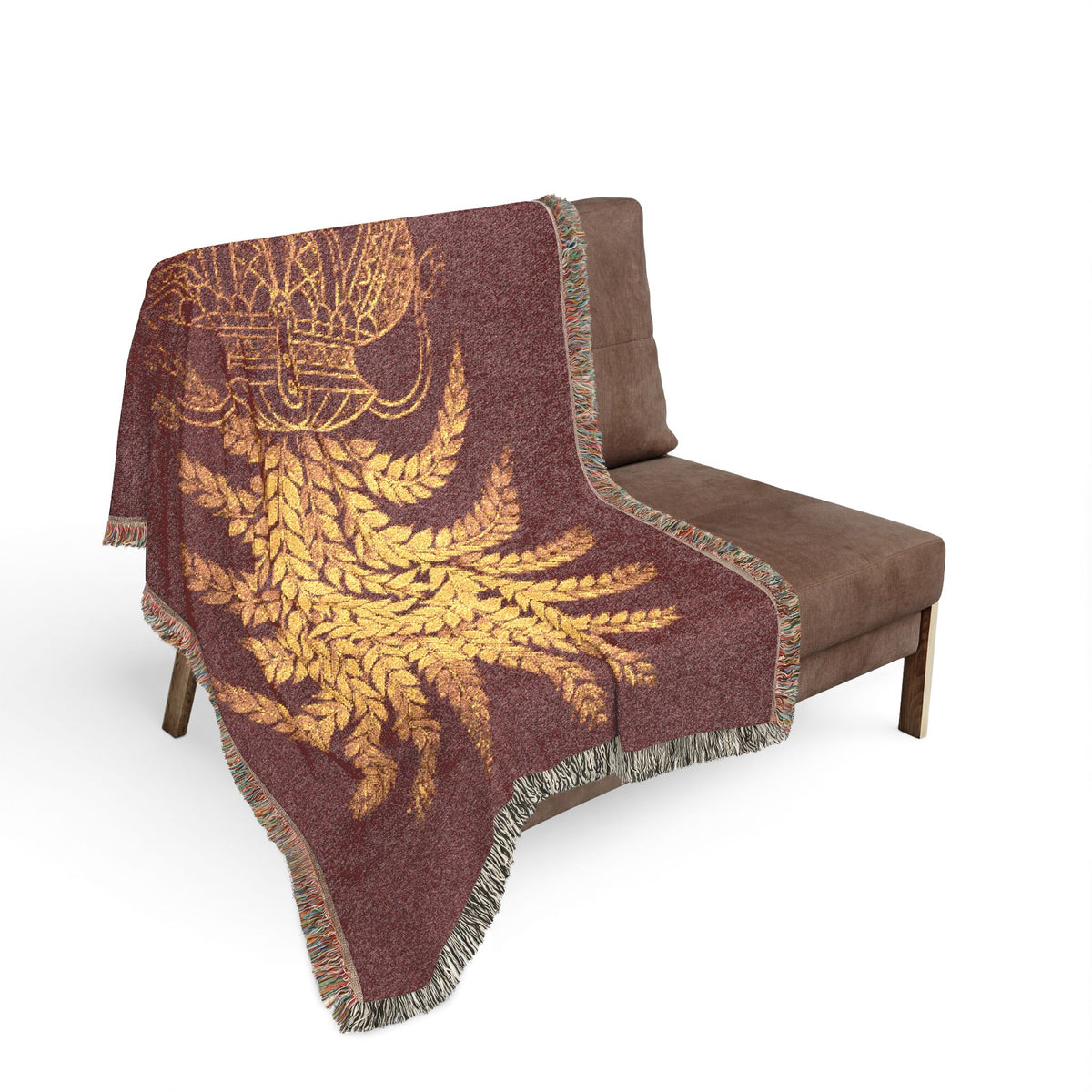 Punkalasa Woven Throw Blanket Sri Lankan Heritage Burgundy Gold Cotton Fringe Blanket