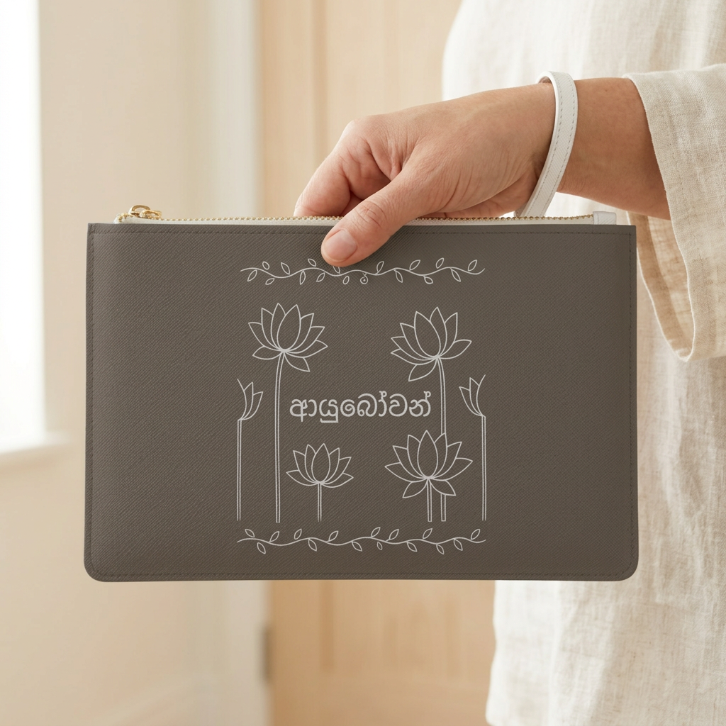 Sinhala Ayubowan Brown Wristlet Sri Lankan Lotus Clutch Bag