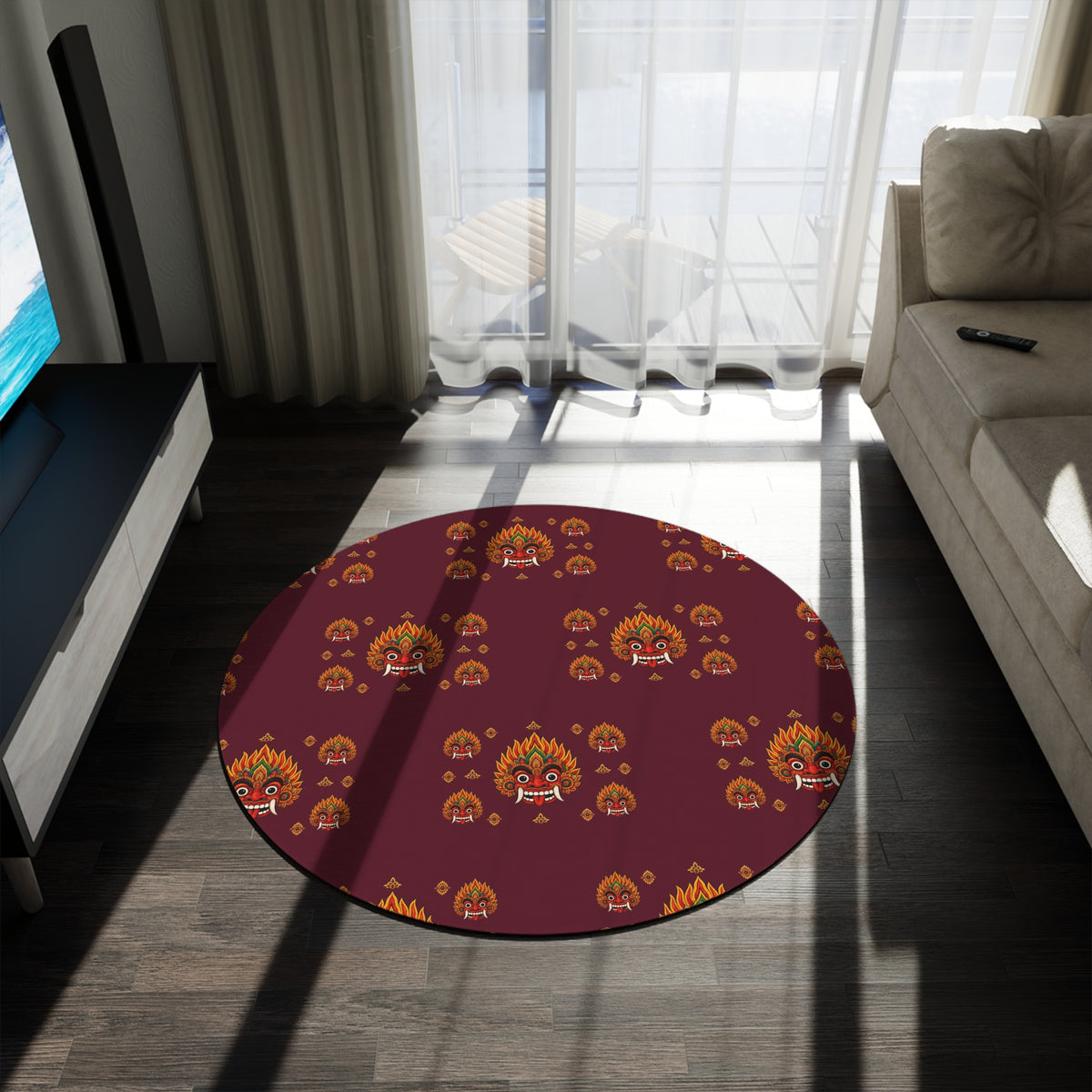 Raksha Mask Round Rug Deep Burgundy