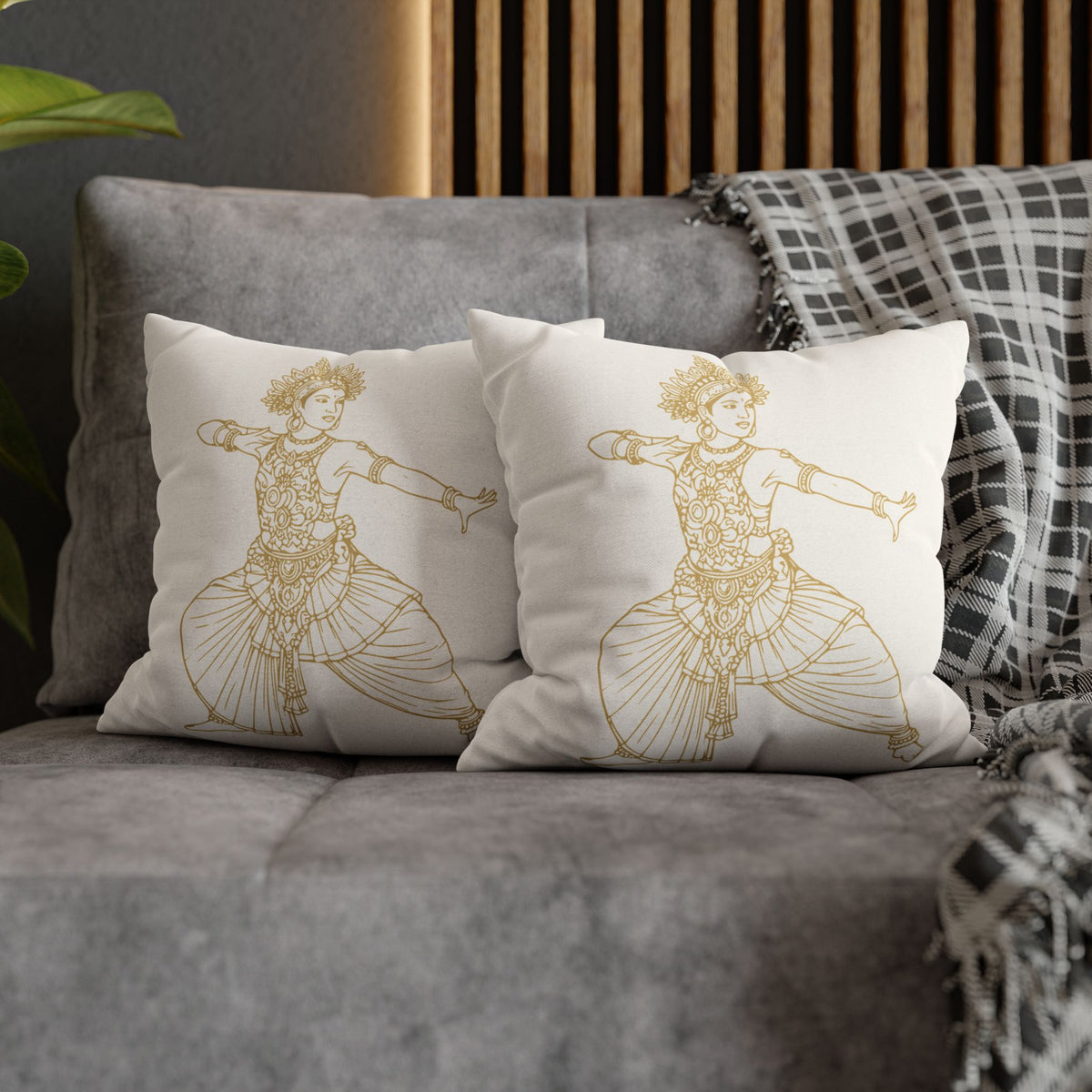 Sri Lankan Dancer Cushion Cover Gold Line Art Pillowcase