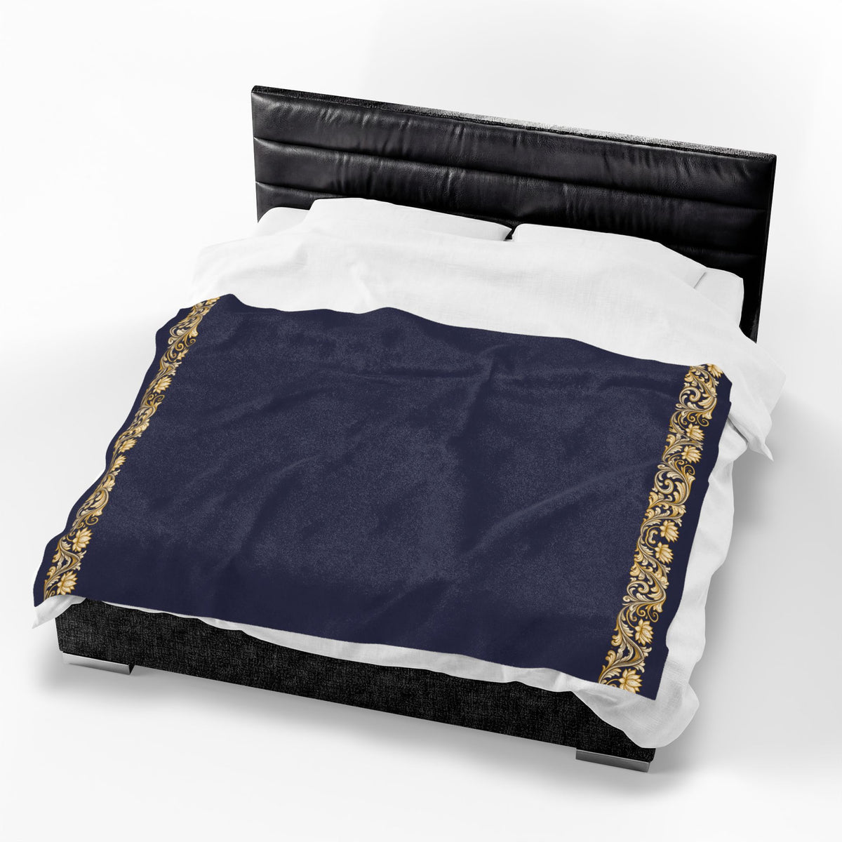Navy & Gold Floral Border Velveteen Plush Blanket