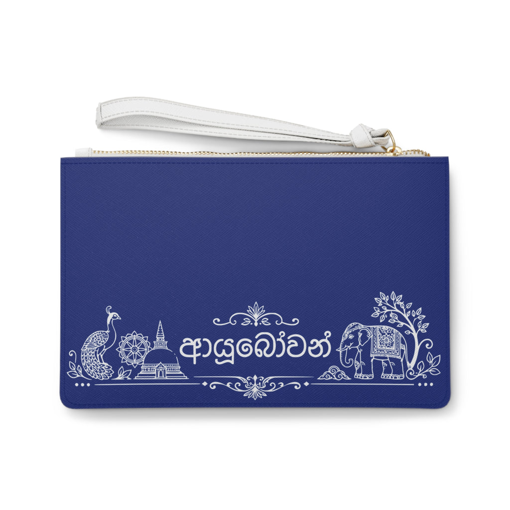 Sinhalese clutch bag | Sri Lanka script wristlet, blue zipper pouch