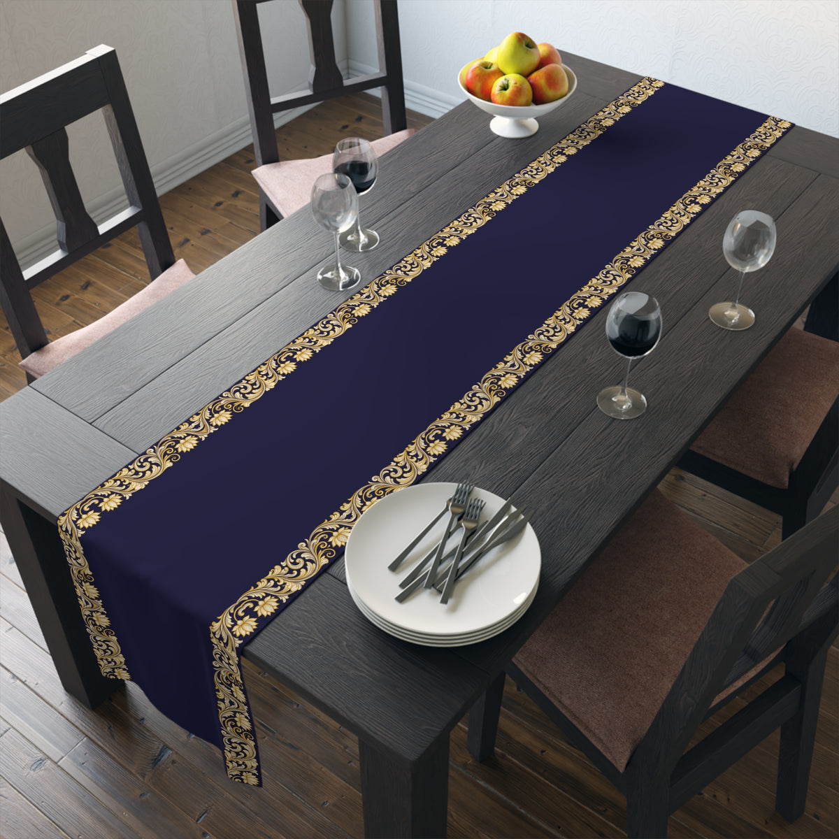 Navy & Gold Baroque Table Runner | Elegant Dining Décor