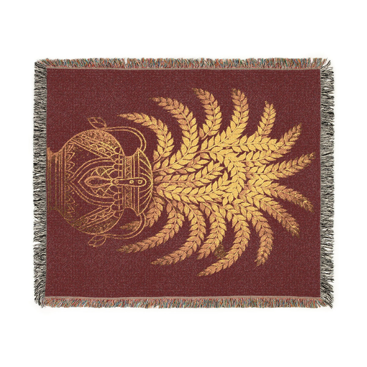 Punkalasa Woven Throw Blanket Sri Lankan Heritage Burgundy Gold Cotton Fringe Blanket