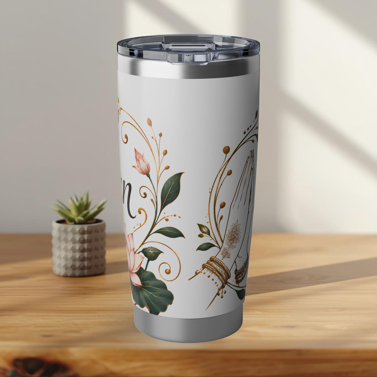 Ayubowan Sri Lankan Welcome Tumbler Gold Lotus Filigree 20oz Stainless Steel Travel Mug