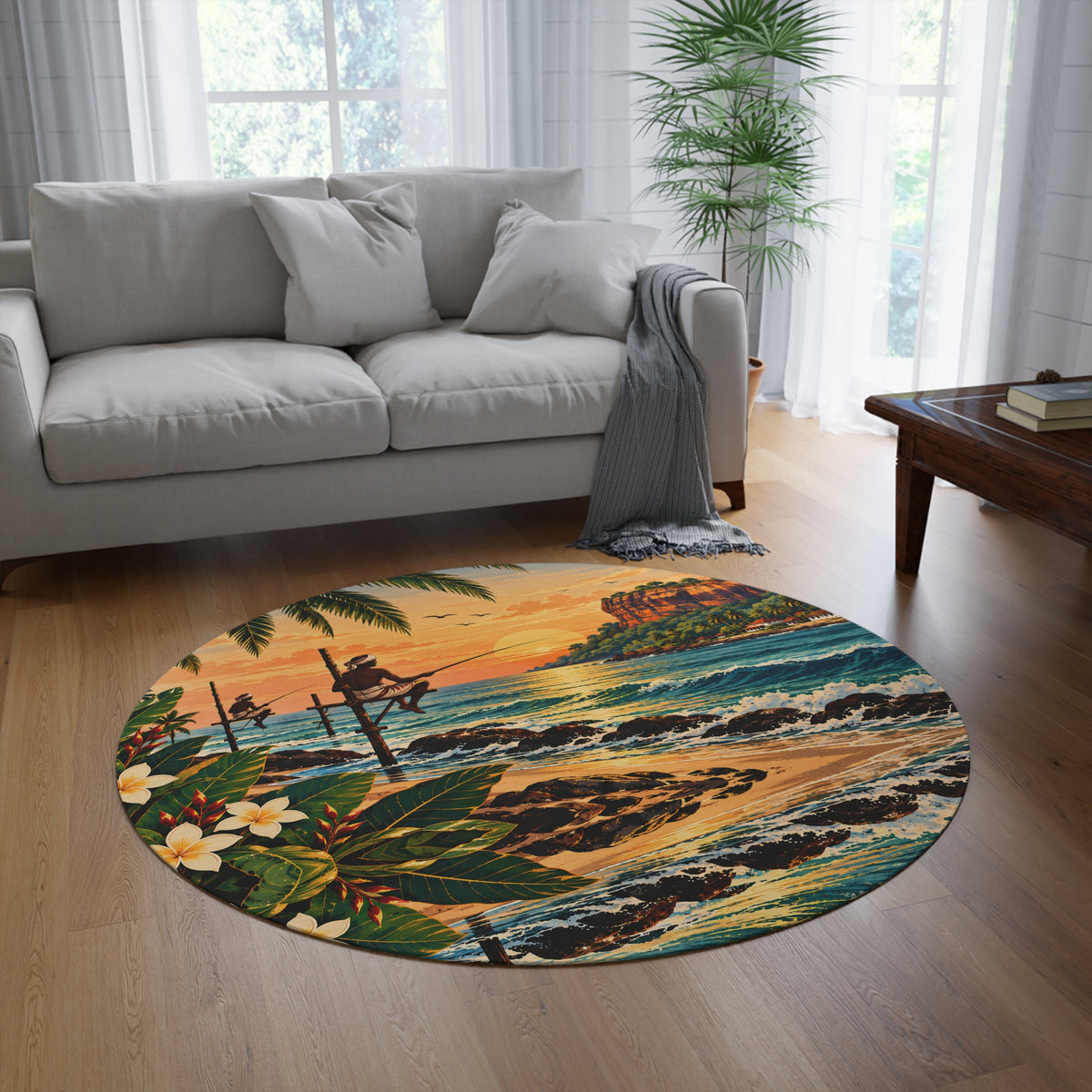 Sri Lanka Sunset Round Rug – Stilt Fisherman