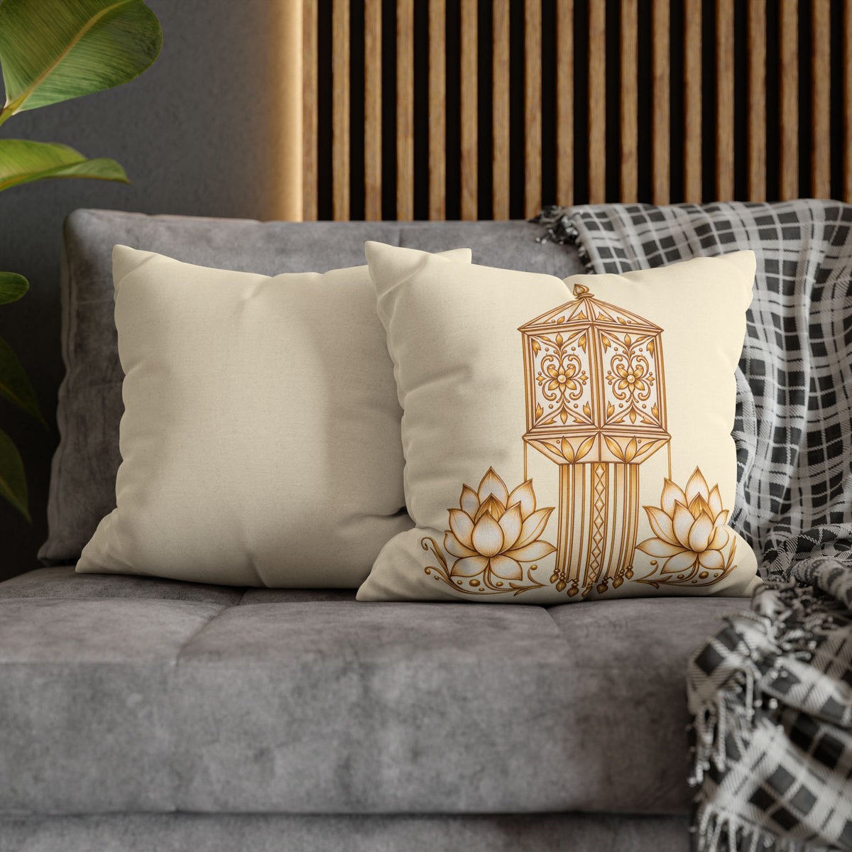 Lotus & Lantern Cushion Cover – Sri Lankan Gift Pillowcase