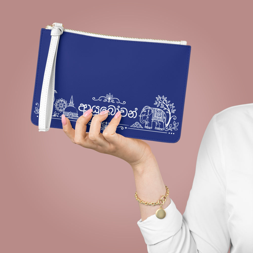 Sinhalese clutch bag | Sri Lanka script wristlet, blue zipper pouch